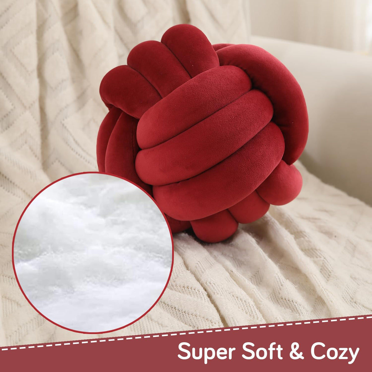 Knot Ball Cushion Pillow Soft Plush Velvet Decorative Throw Pillow - Burgundy