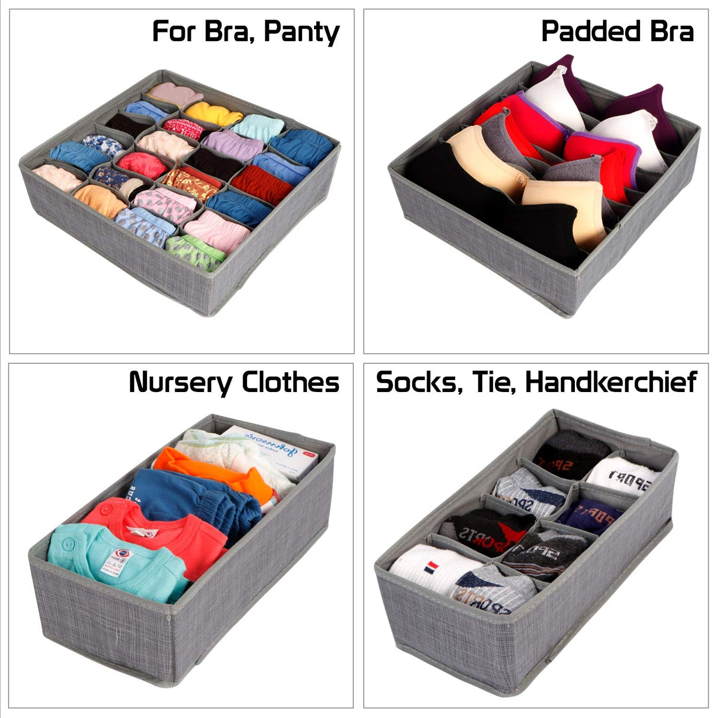 Multi Compartment Undergarments Organiser, Drawer Divider for Underwear, Lingerie, Bras, Socks, Ties, 6/7/ 8/24 Cells, 4 Piece Set, Grey