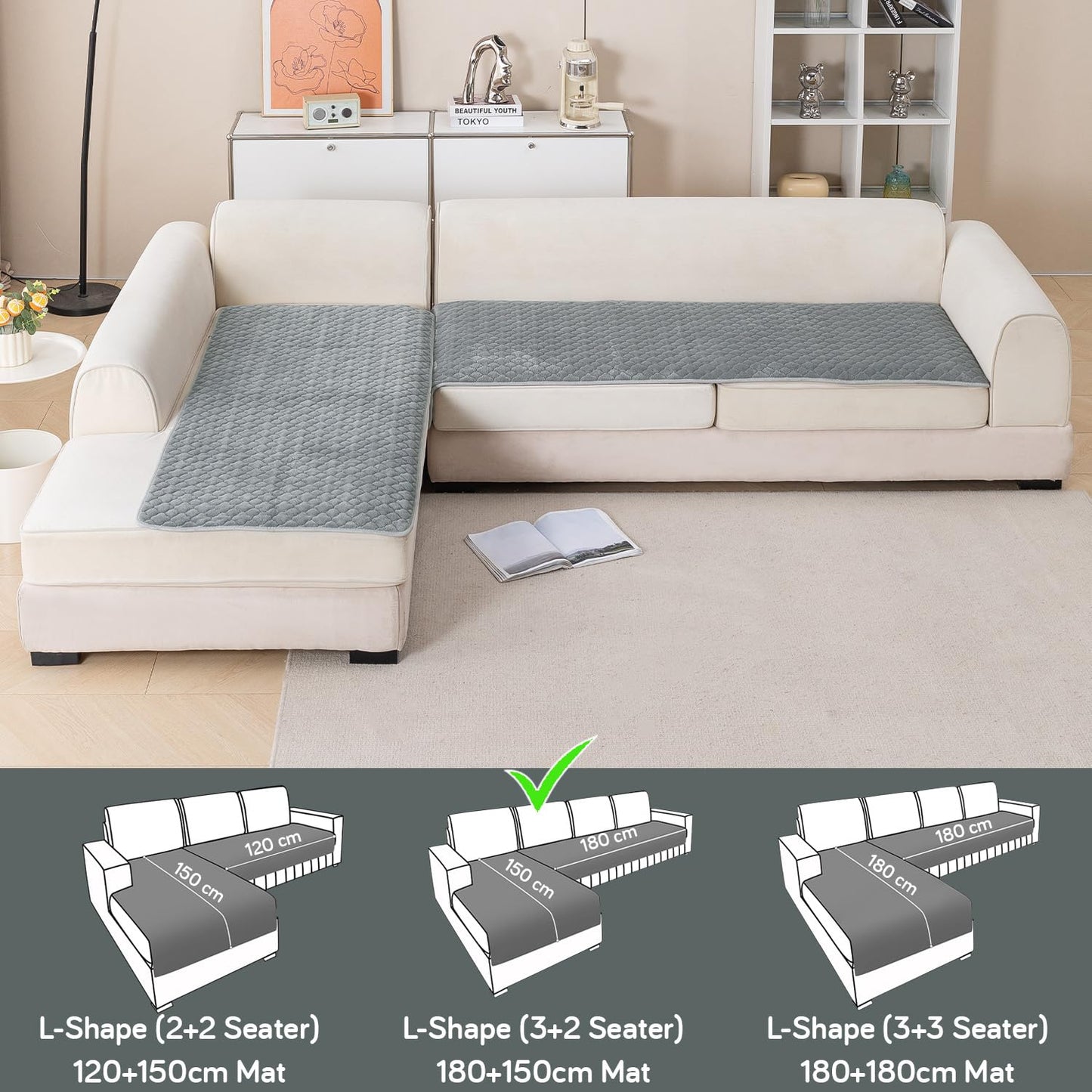 Diamond Plush Premium Quilted L Shape Sofa Cover Seat Mat, Grey