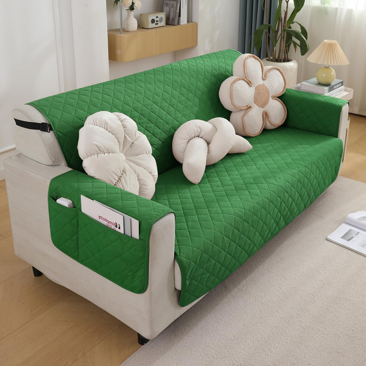 Quilted Waterproof Sofa Cover Mat with Pockets on Armrest Cover - Green