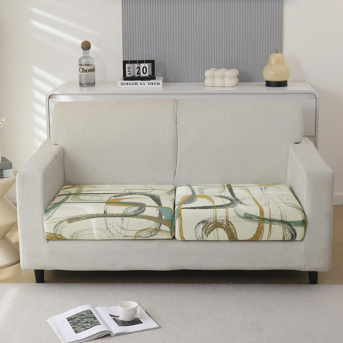 140 GSM Stretchable Printed Elastic Sofa Cushion Seat Cover for 1 /2 /3 Seaters / Pieces for Sofa, Parchement Beige Abstract Art