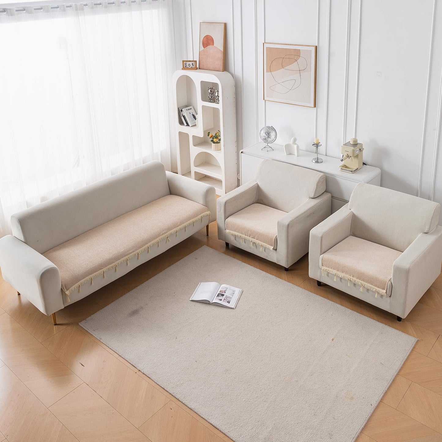 Serenity Tassel Chenille Sofa Cover with Tassel – Ivory Fringe