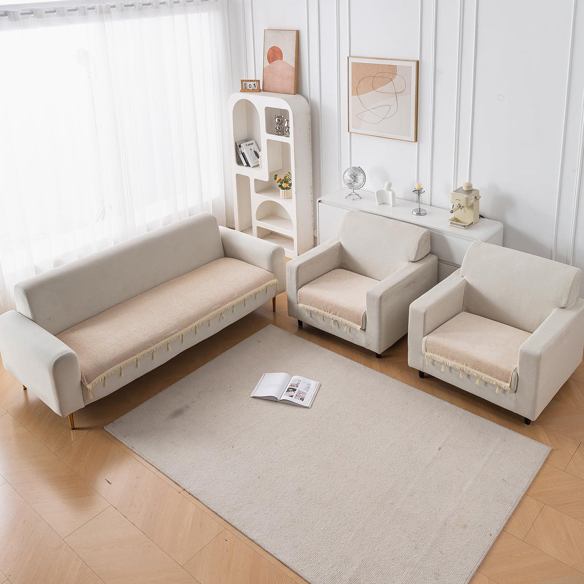 Serenity Tassel Chenille Sofa Cover with Tassel – Ivory Fringe