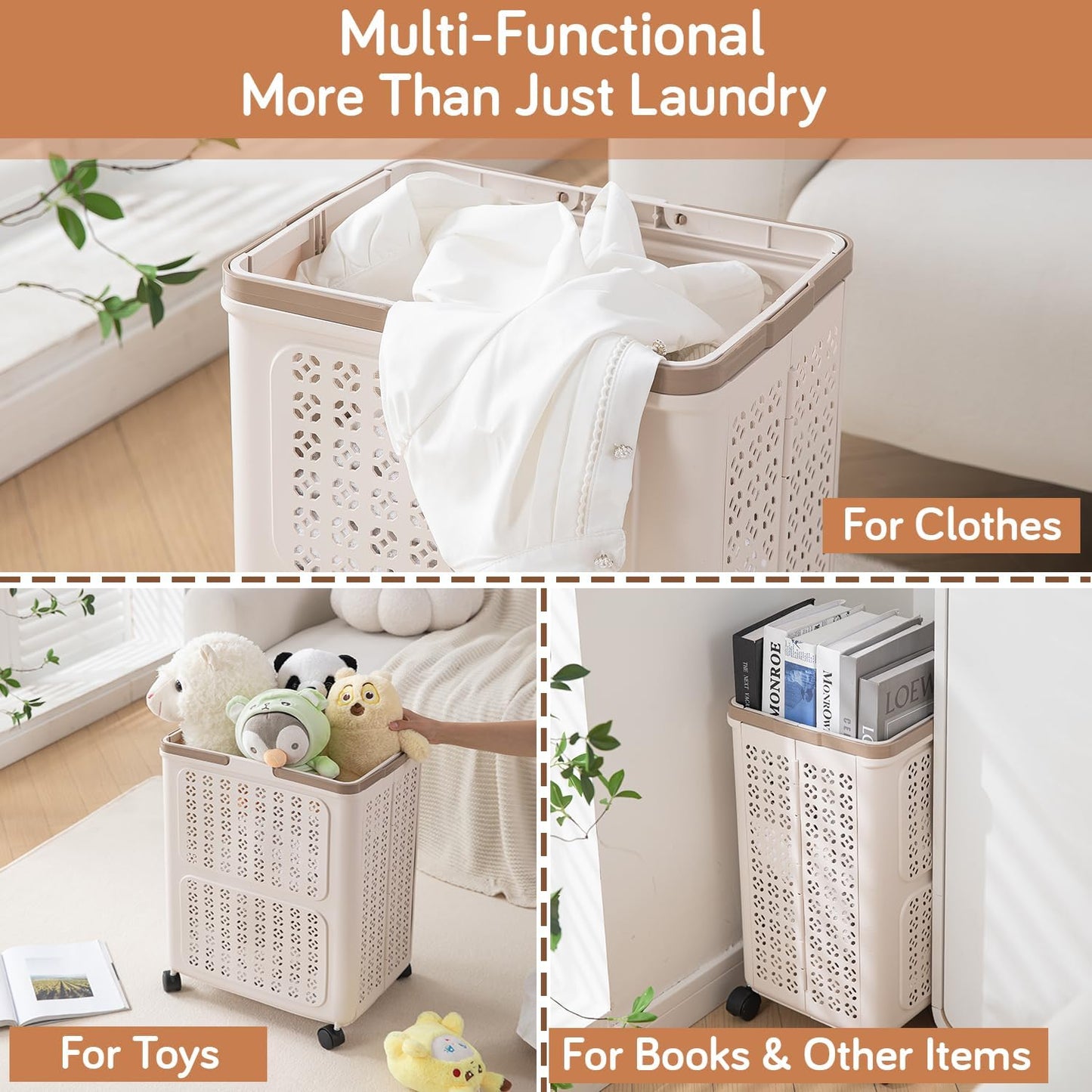 HOKIPO Foldable Laundry Basket with Wheels for Clothes, Toys & More - Beige
