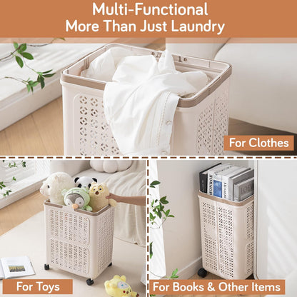 HOKIPO Foldable Laundry Basket with Wheels for Clothes, Toys & More - Beige