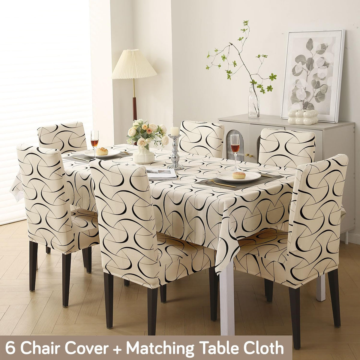 Elastic Dining Chair Covers with Matching Tablecloth, Natural Beige Abstract Art