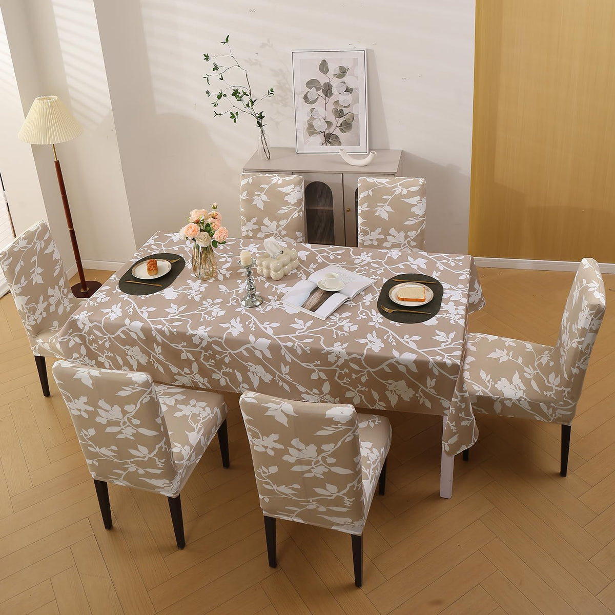 Elastic Dining Chair Covers with Matching Tablecloth, Buff Brown Sillehoute Floral