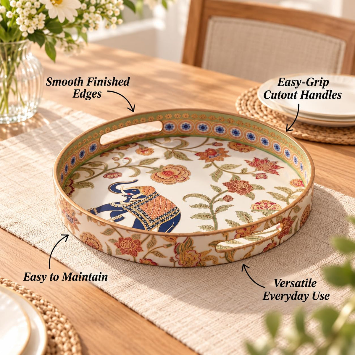 HOKIPO Round Serving Tray 12 in, Engineered Wood, Royal Gulistaan - image 8