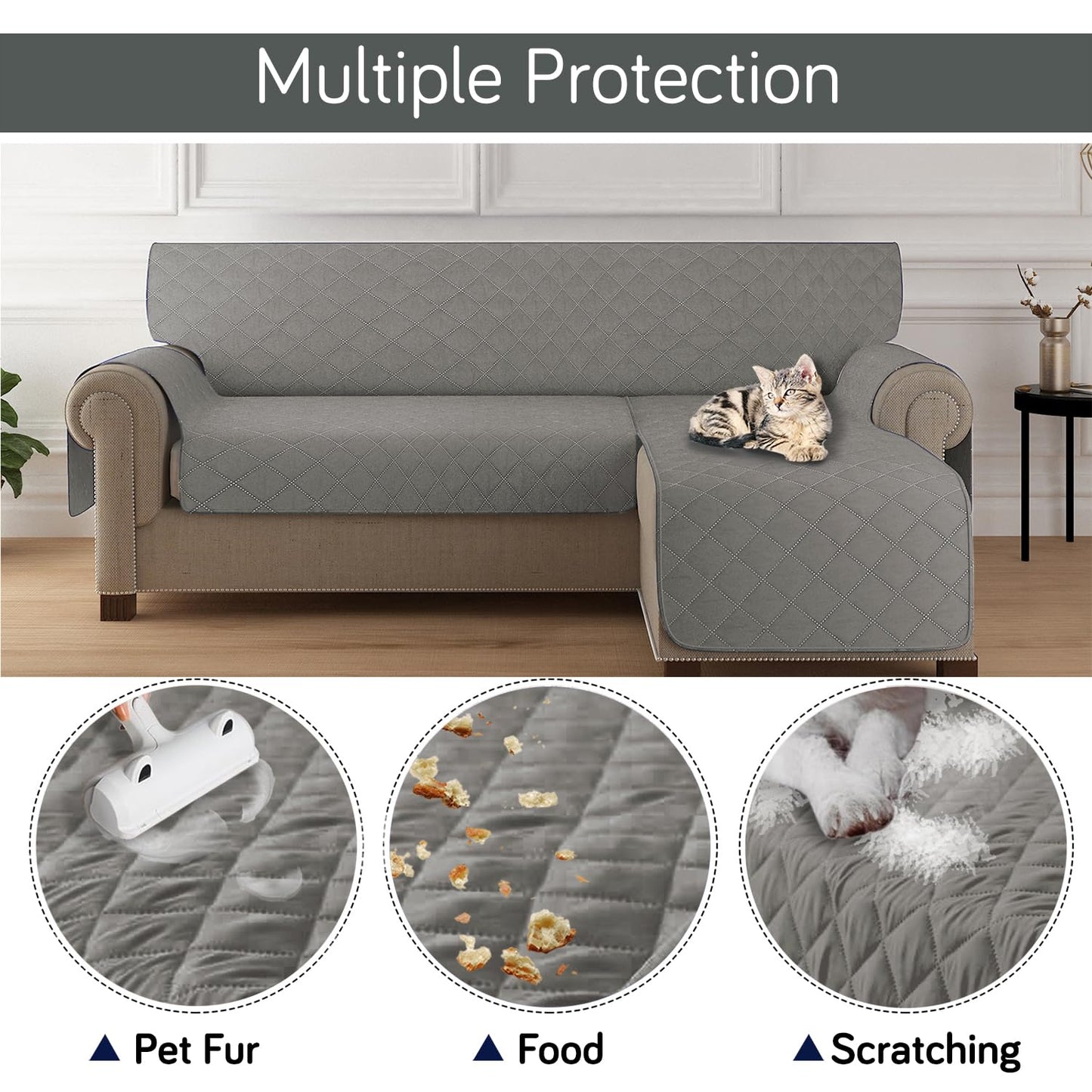 HOKIPO Quilted Reversible One Piece L Shape 4/5/6 Seater Sofa Cover Mat, Light Grey