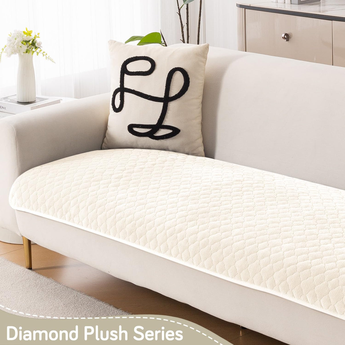 Diamond Plush Premium Quilted L Shape Sofa Cover Seat Mat, Cream