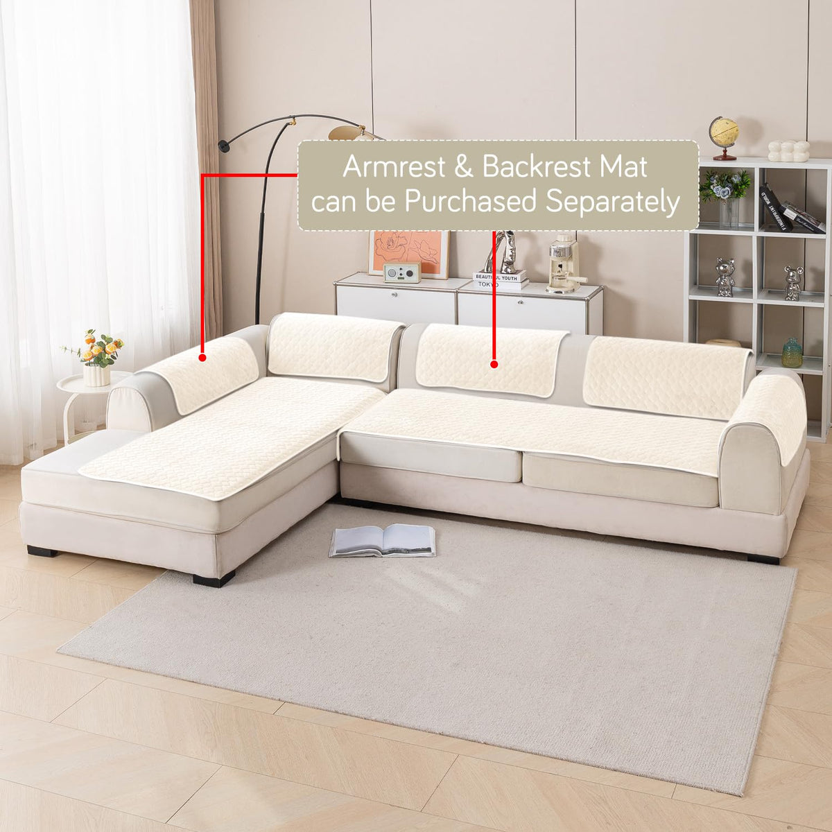 Diamond Plush Premium Quilted L Shape Sofa Cover Seat Mat, Cream