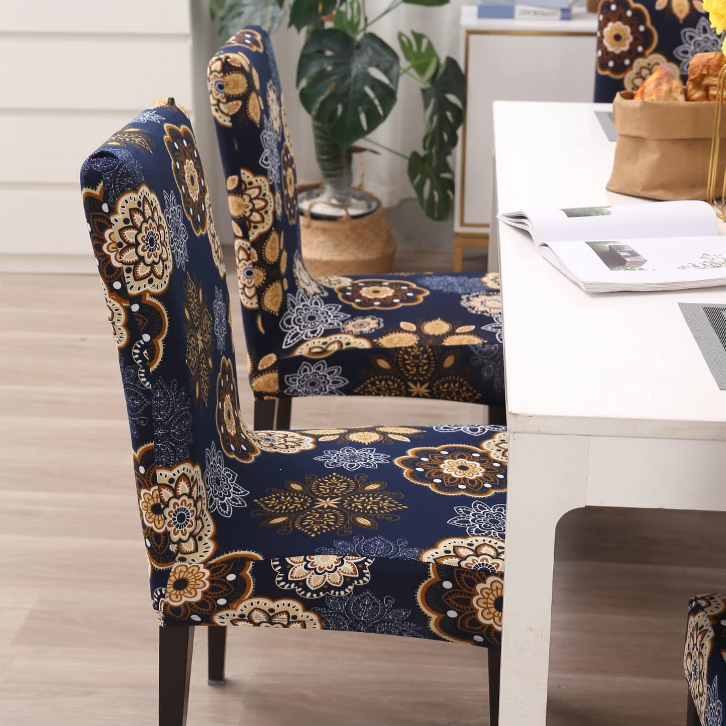 Elastic Stretchable Dining Chair Cover, Navy Blue Mandala