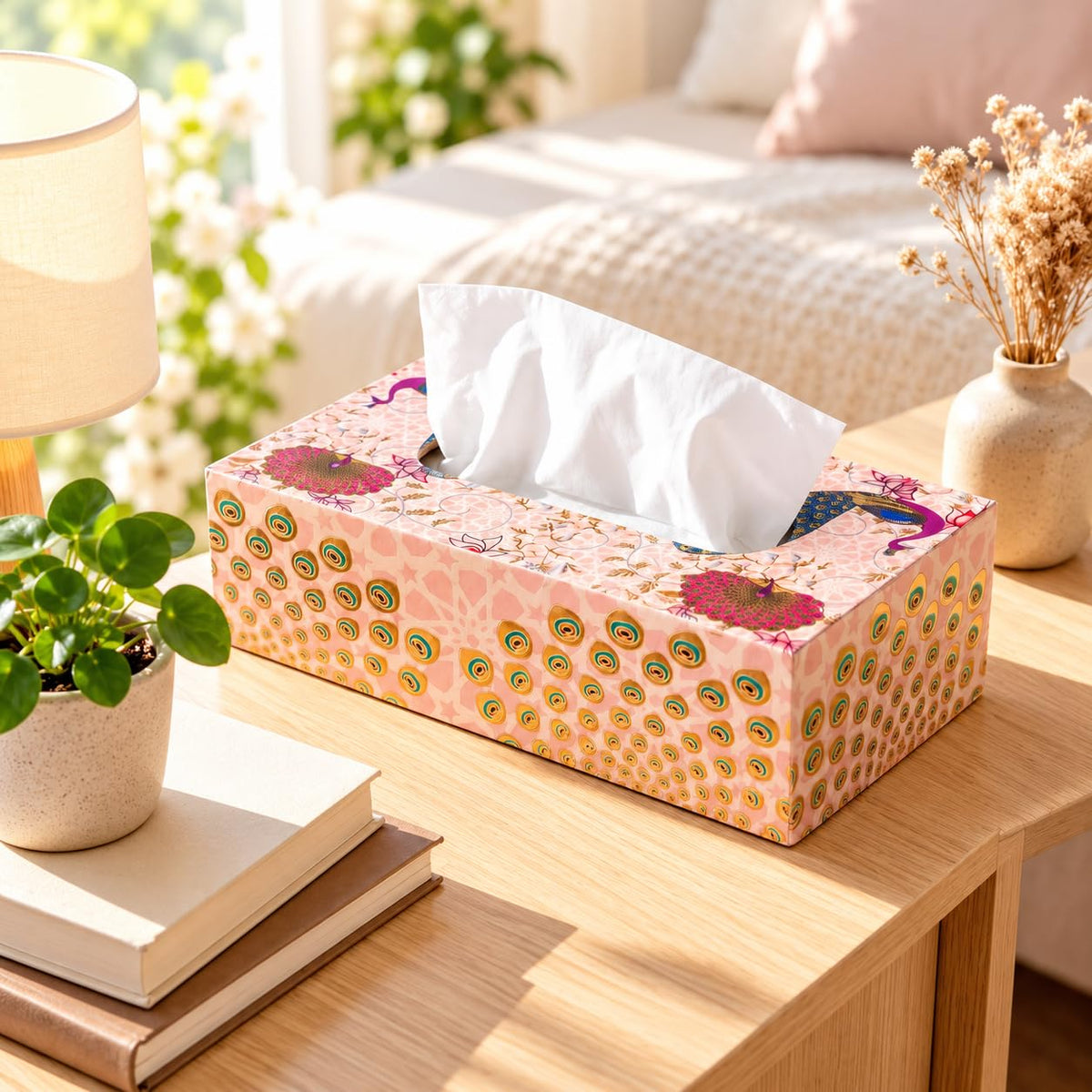 HOKIPO Tissue Box Holder, Rectangle, Engineered Wood, Gulabi Mayurvan - image 8