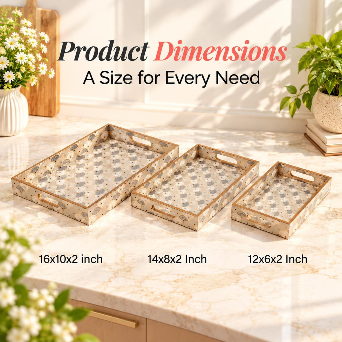 HOKIPO Serving Tray Set of 3, Engineered Wood, Indigo Flora - image 6