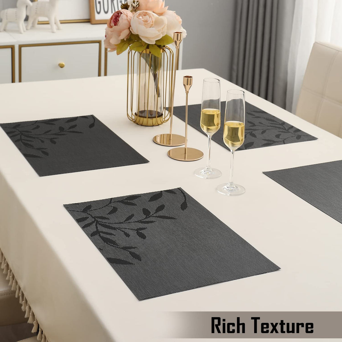 PVC Dining Table Mats, Black Leaves