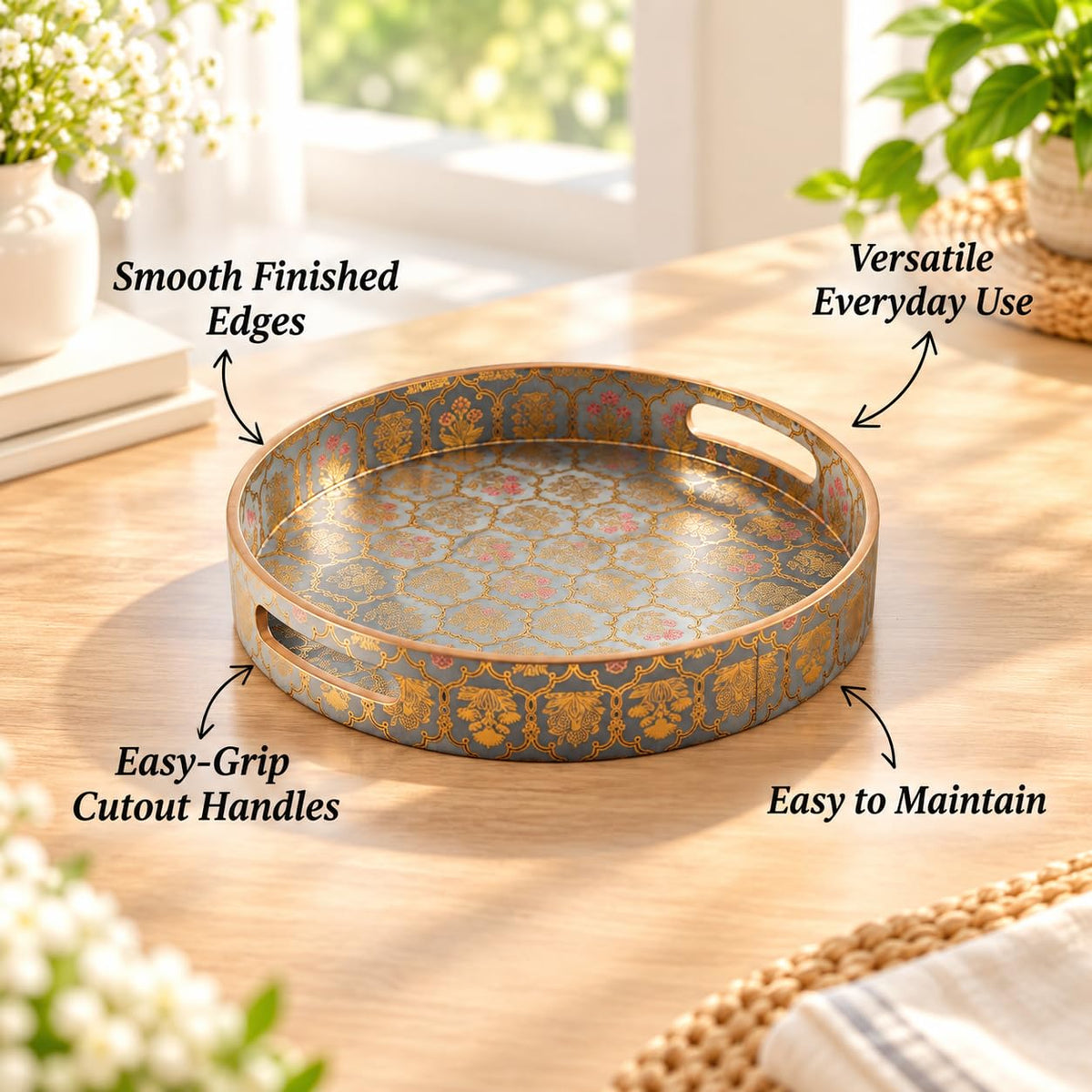 HOKIPO Round Serving Tray 12 in, Engineered Wood, Shahi Gulnaar - image 8