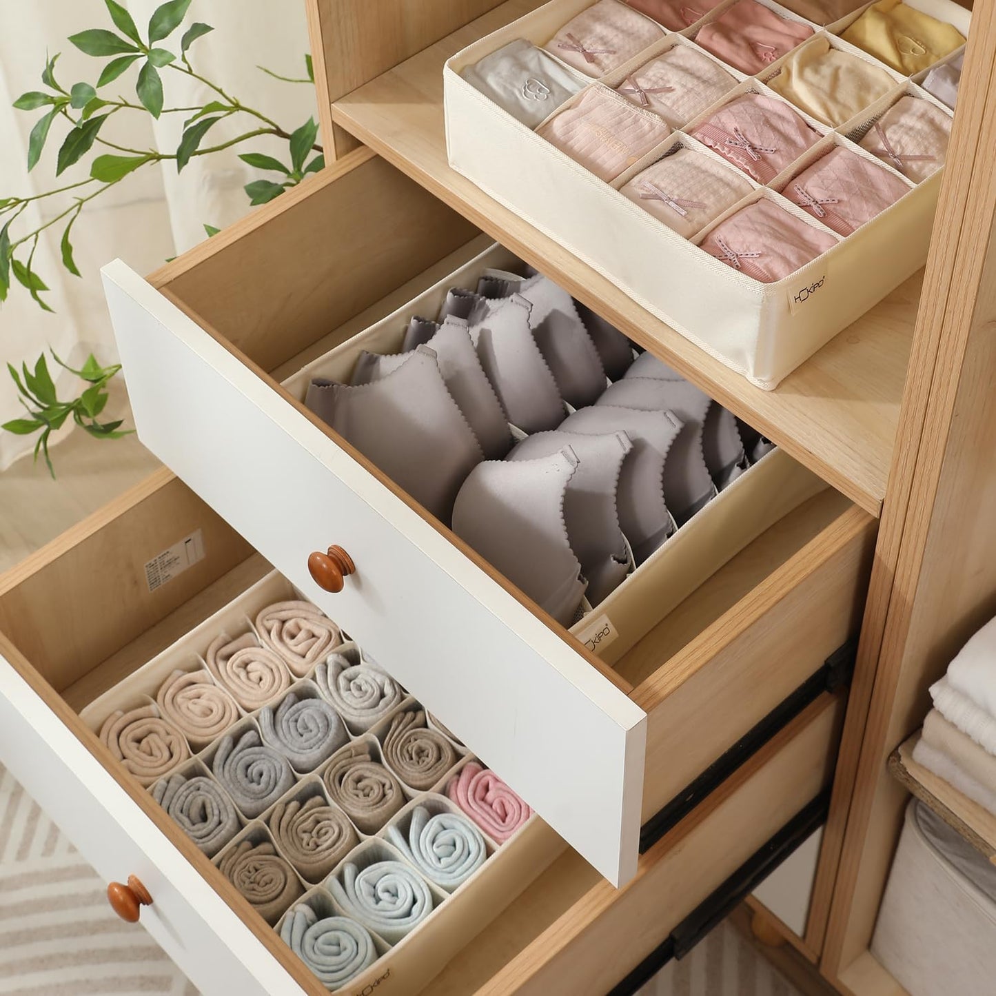 Undergarment Organizer Storage Box for Drawers Panty Socks Tie Lingerie Organizer for Wardrobe, 7/16/24 Grid, Beige