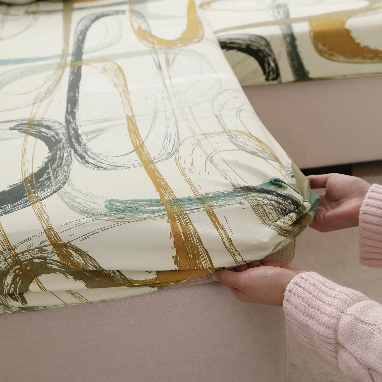 140 GSM Stretchable Printed Elastic Sofa Cushion Seat Cover for 1 /2 /3 Seaters / Pieces for Sofa, Parchement Beige Abstract Art