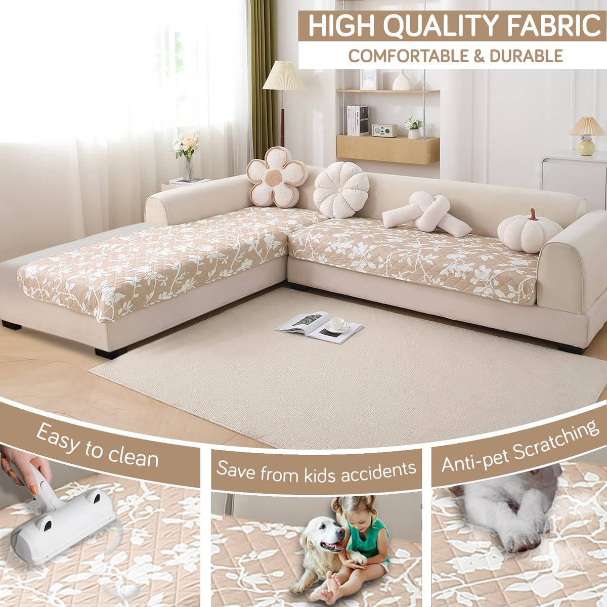 Waterproof Printed Quilted Quick Dry L Shape Sofa Seat Cover Mat, Buff Brown Sillehoute Floral