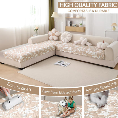 HOKIPO Waterproof Printed Quilted Quick Dry L Shape Sofa Seat Cover Mat, Buff Brown Sillehoute Floral