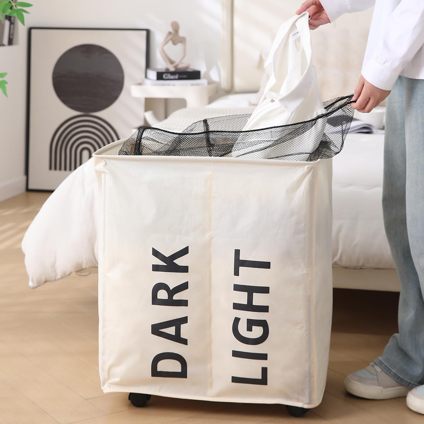 Large Laundry Basket Foldable Hamper With Wheels, Cream