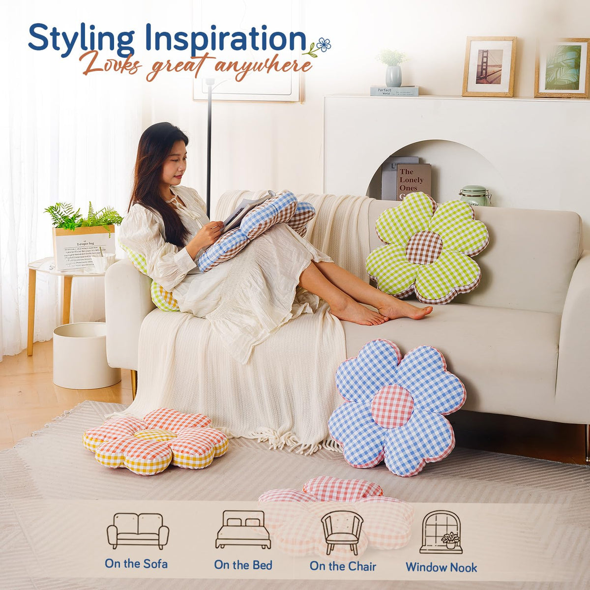 HOKIPO Checkered Daisy Flower Cushion for Sofa & Bed, 49 cm, Brown