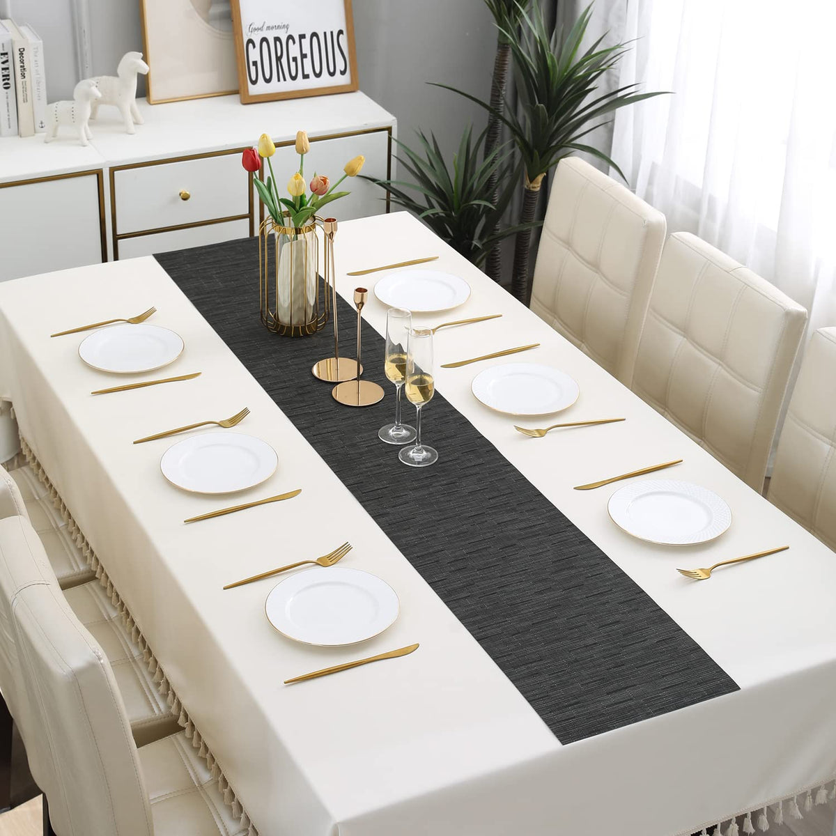Buy Textured Black Colour PVC Table Runner for Dining Table | HOKIPO