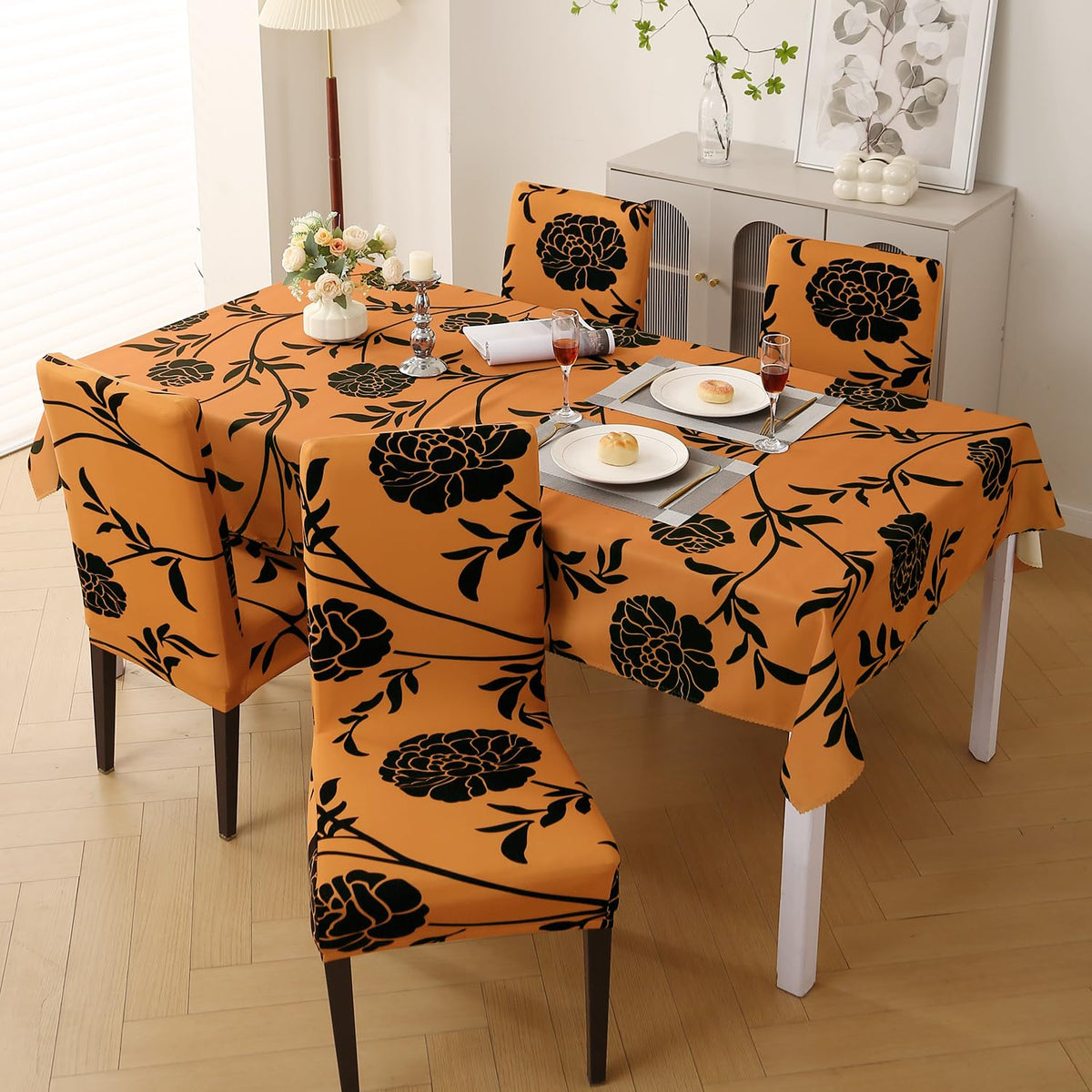 Elastic Dining Chair Covers with Matching Tablecloth, Copper Brown Floral