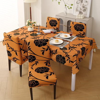 Elastic Dining Chair Covers with Matching Tablecloth, Copper Brown Floral