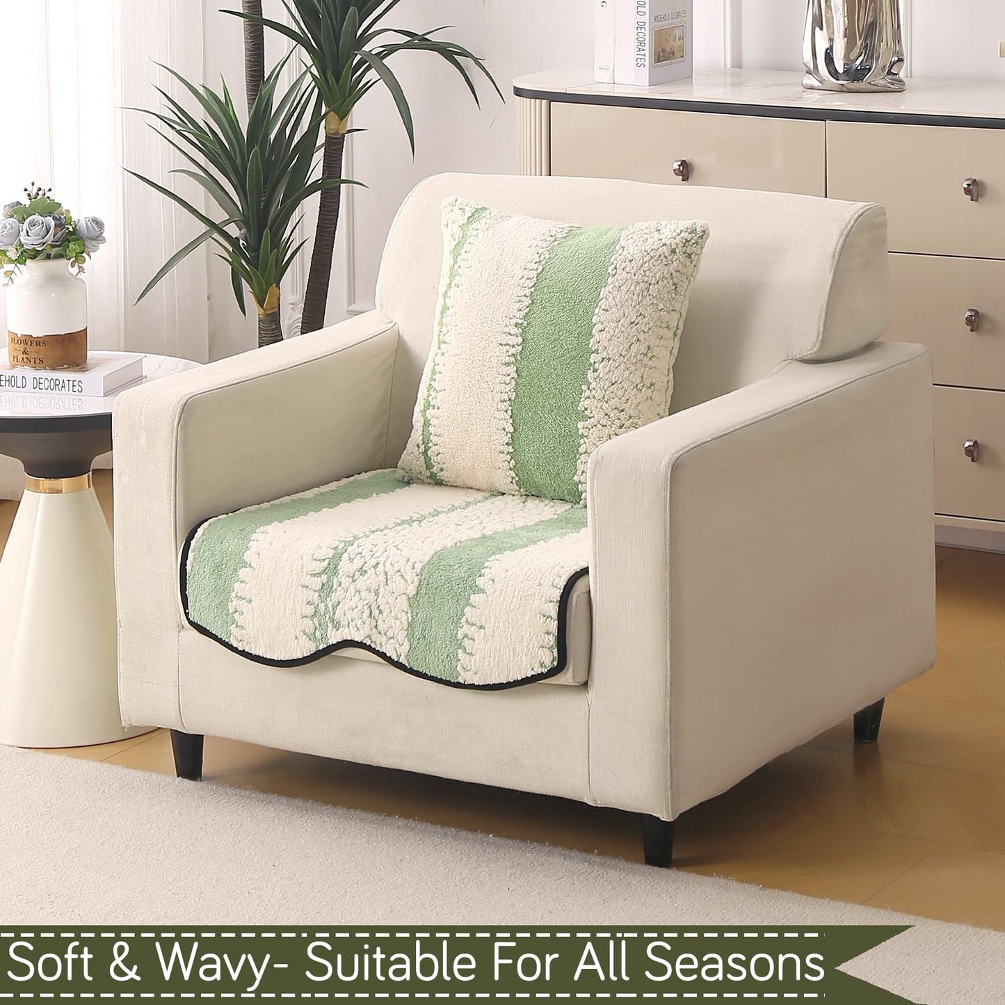 Luxury Wavy Anti Slip Plush Sofa Cover Mat, Pistachio Green