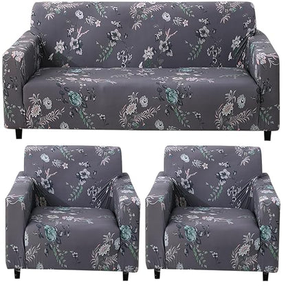 Bentonite Grey Budding Florals Printed stretchable sofa cover 3+1+1 seater sofa cover