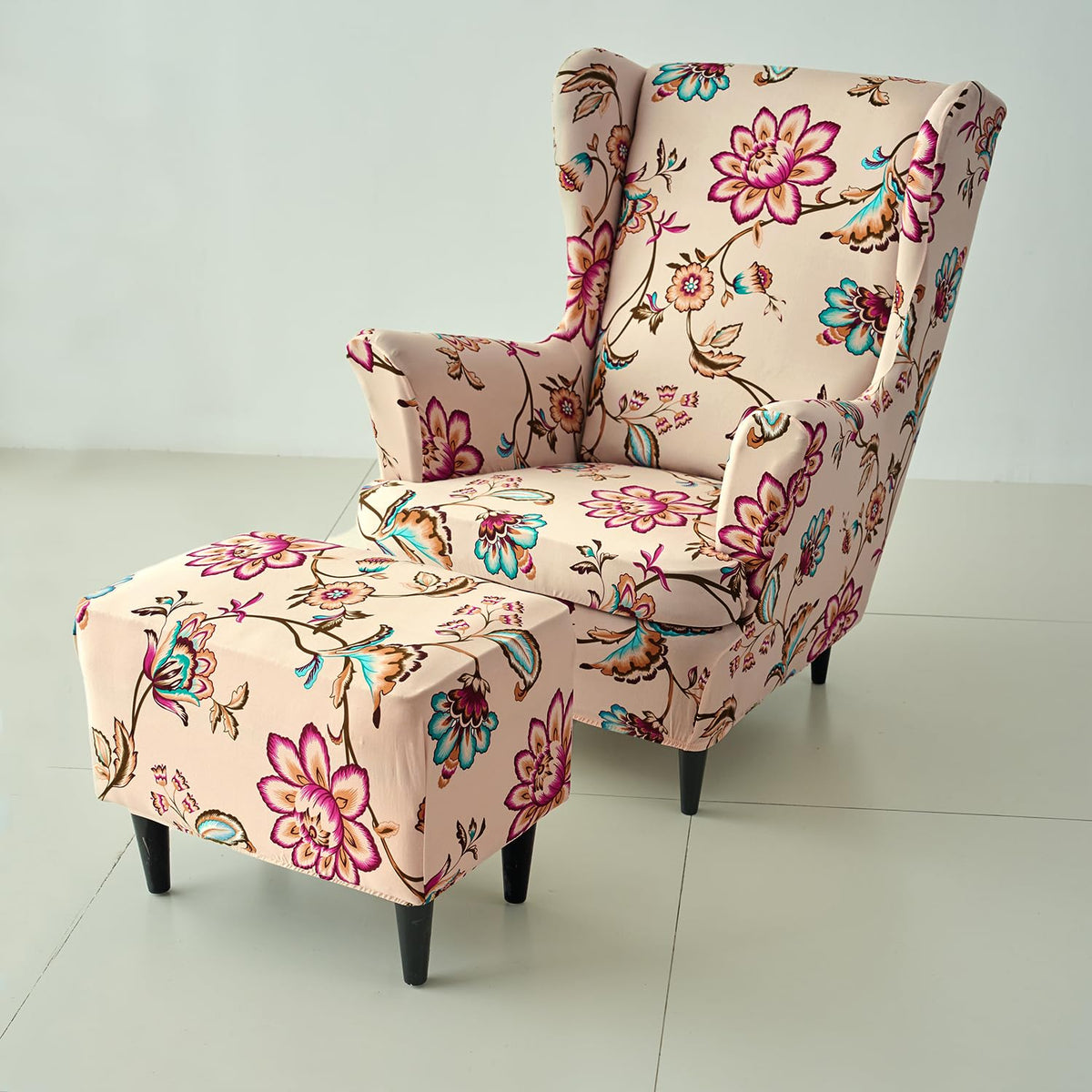 Buy Beach Beige Dahlia Stretchable Wingback Chair & Footstool Cover