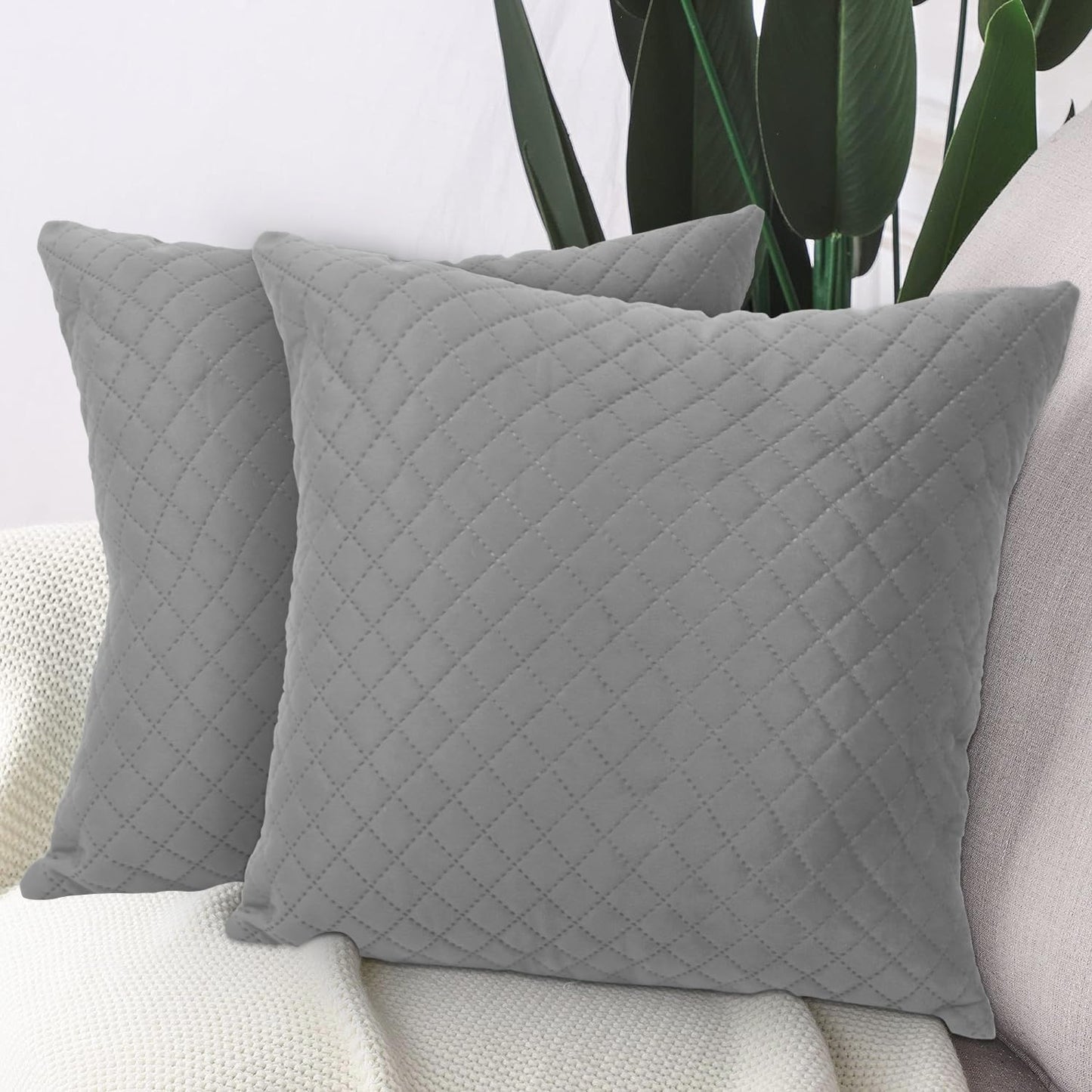 HOKIPO Quilted Velvet Sofa Cushion Cover Pack of 2, Fossil Grey