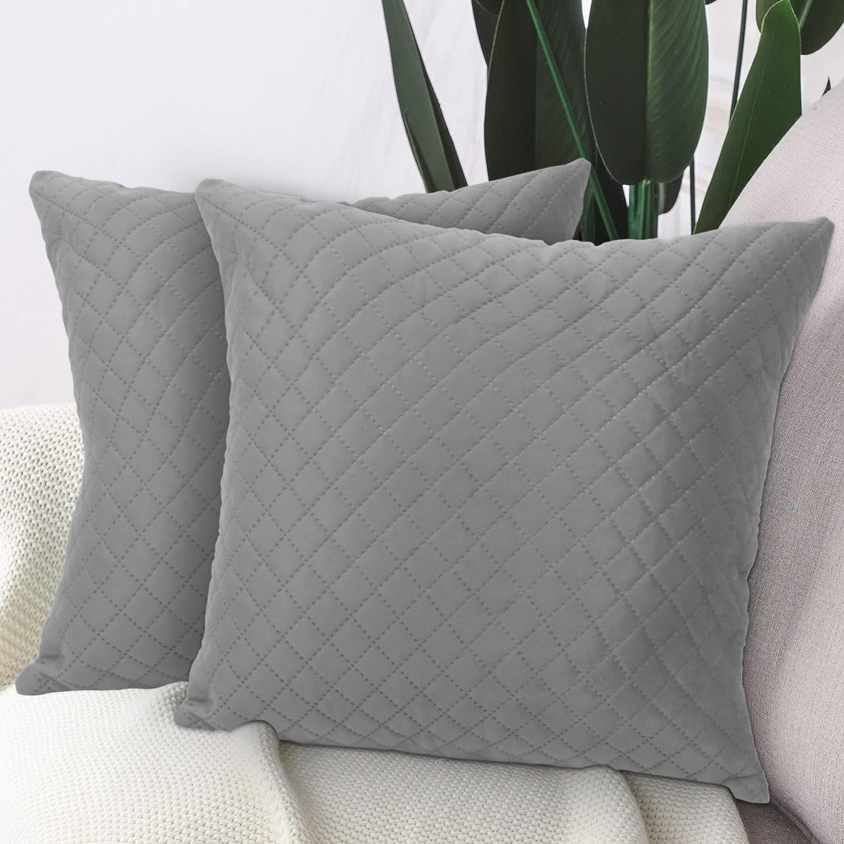 Buy Stylish Fossil Grey colour Zippered Square Quilted Velvet Pillow Covers