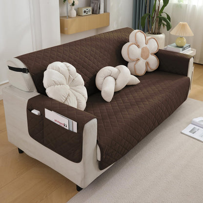 Quilted Waterproof Sofa Cover Mat with Pockets on Armrest Cover - Brown
