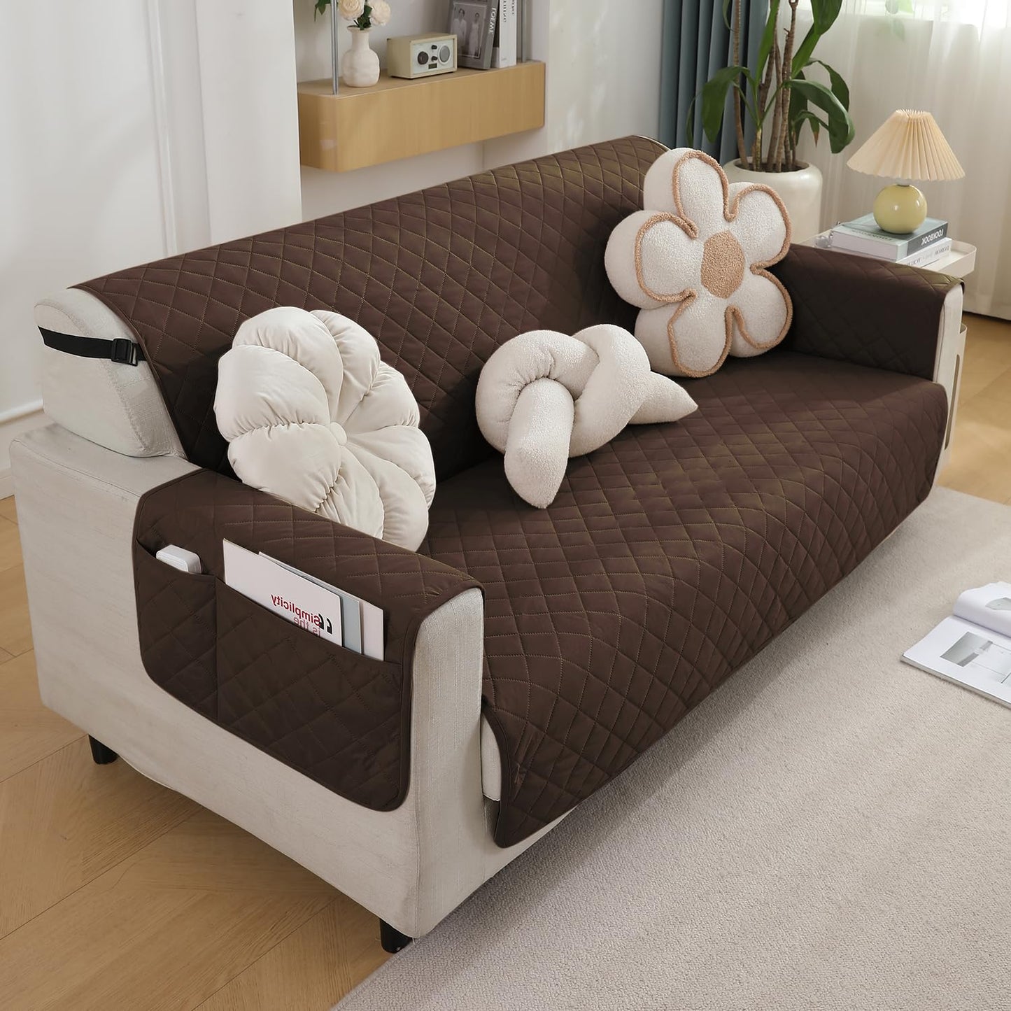 Quilted Waterproof Sofa Cover Mat with Pockets on Armrest Cover - Brown