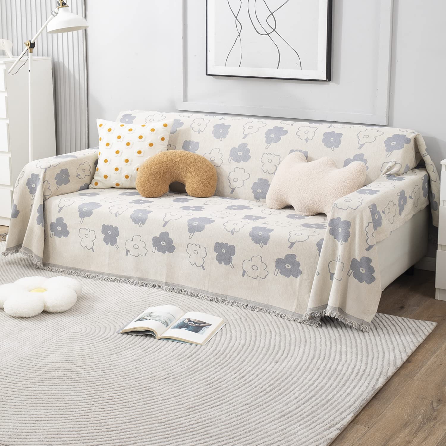 off white floral print colour chenille sofa throws in size 180(D)x180(L) for one seater, 180(D)x230(L) for two seater, 180(D)x300(L) for 3 seater
