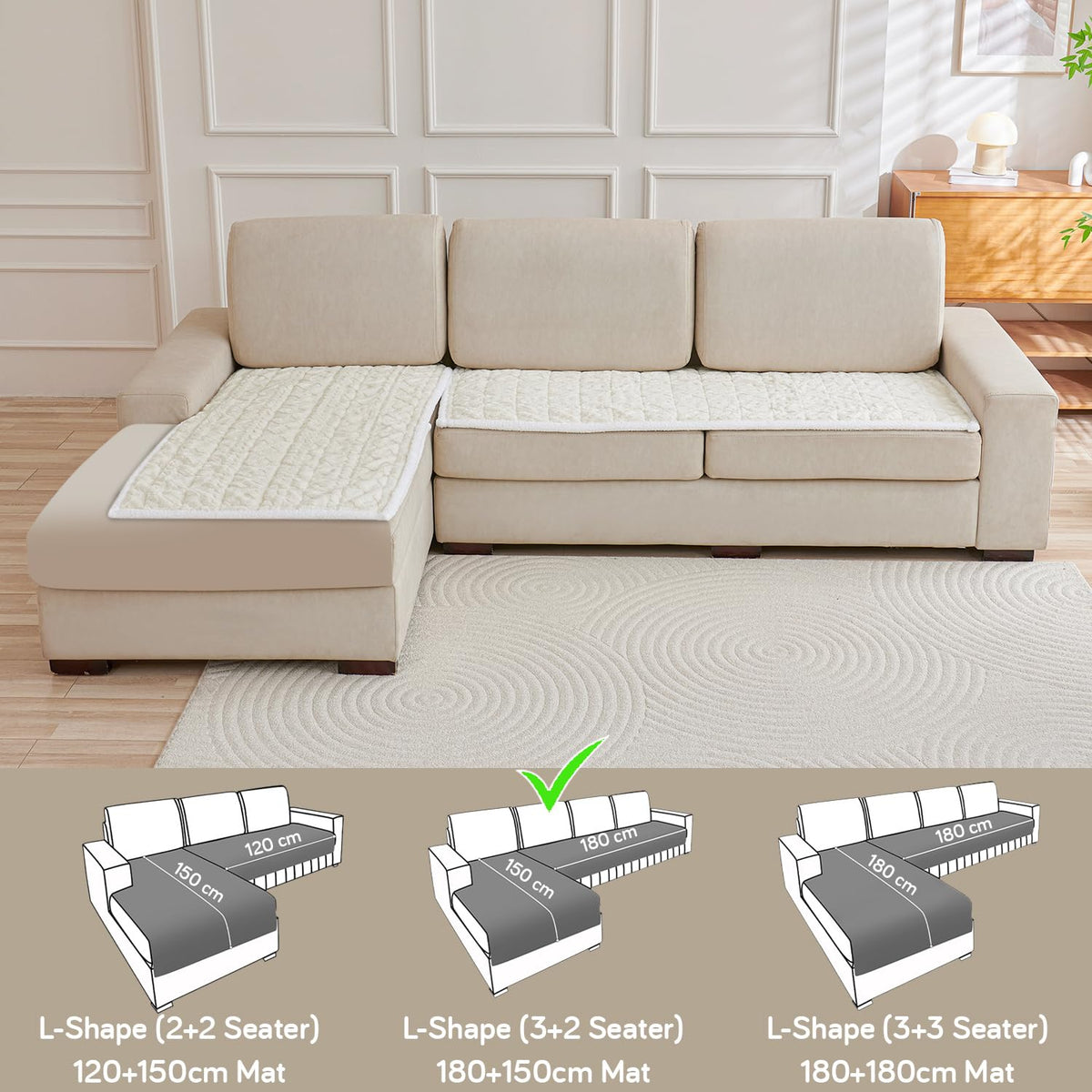 Italian Caelora Luxury Jacquard Plush L Shape Sofa Cover Seat Mat - Pearl White