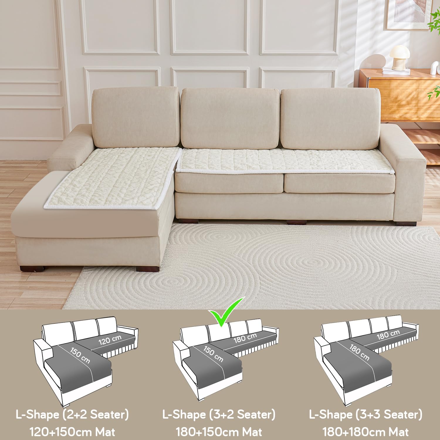 Italian Caelora Luxury Jacquard Plush L Shape Sofa Cover Seat Mat - Pearl White