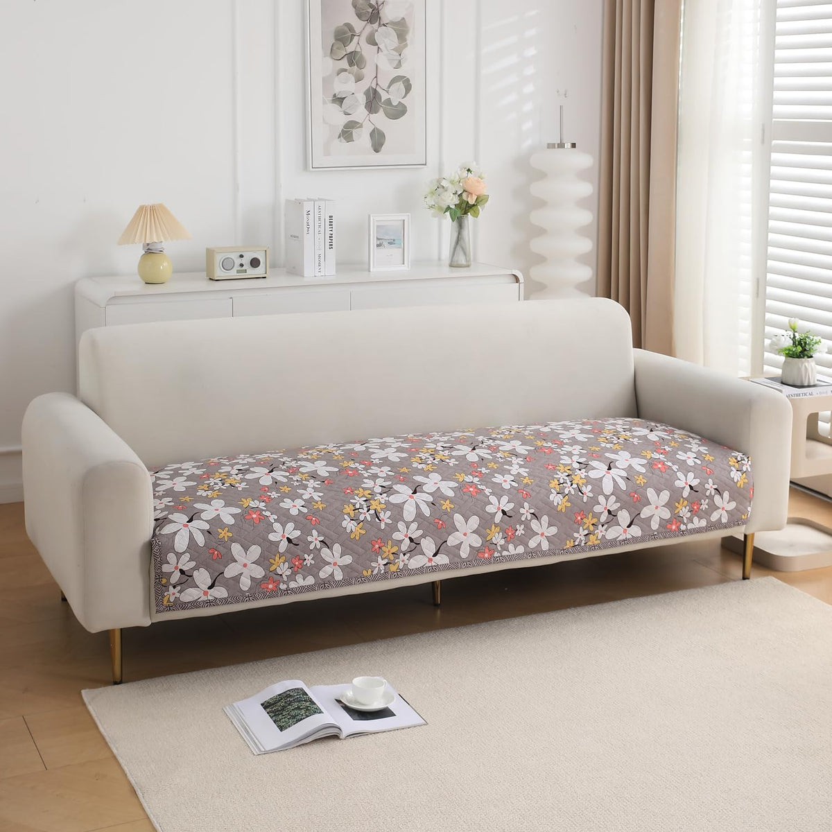 'Homehues' Printed Quilted Sofa Cover Mats, Pastel Brown Sandwort Flower