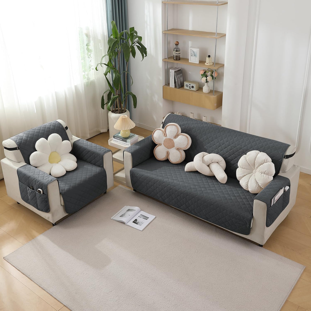 Quilted Waterproof Sofa Cover Mat with Pockets on Armrest Cover - Grey