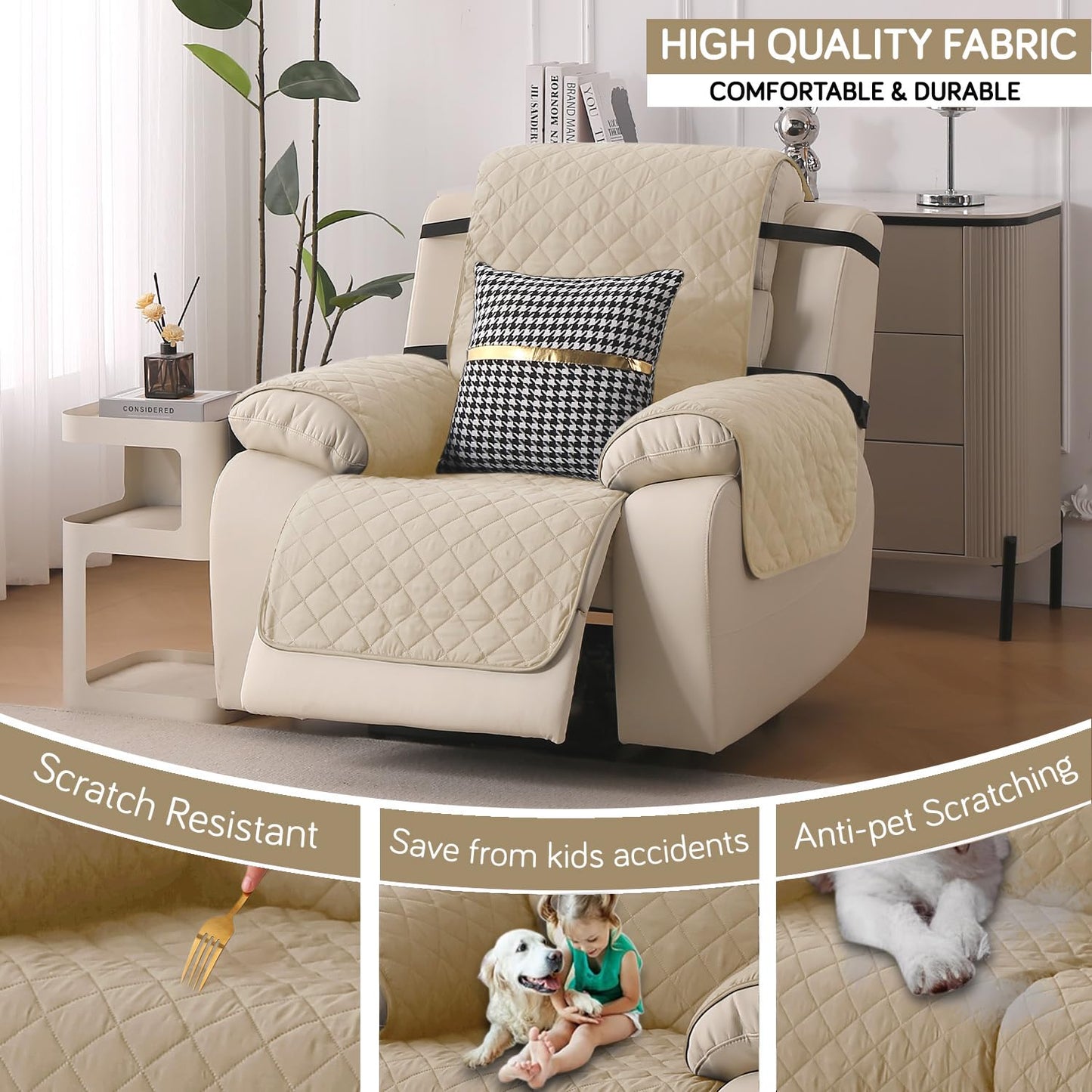 UrbanQuilt Recliner Sofa Slipcover Mat with Dual Belt for 1/2/3 Seater - Beige
