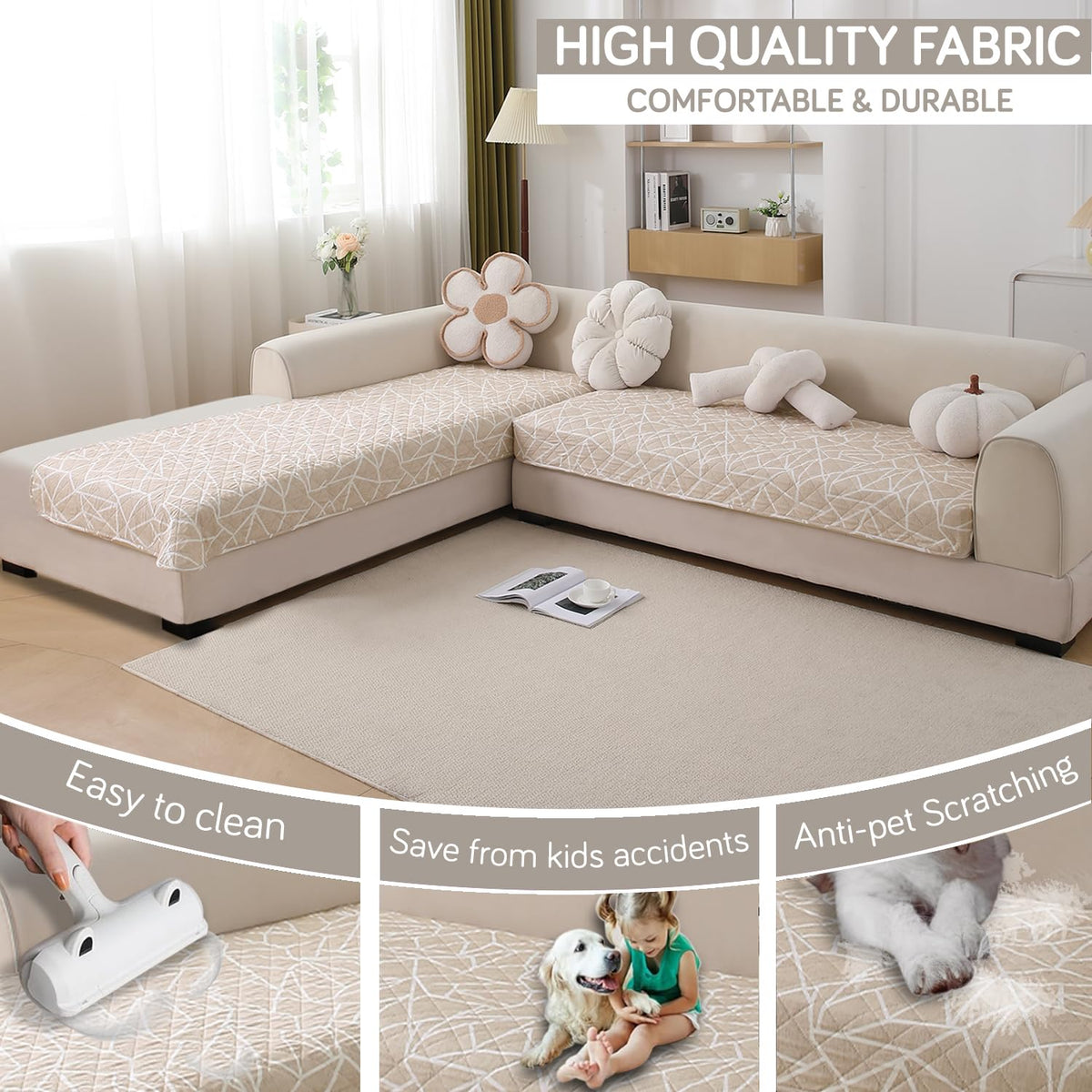 Waterproof Printed Quilted Quick Dry L Shape Sofa Seat Cover Mat, Beige Abstract Geometry