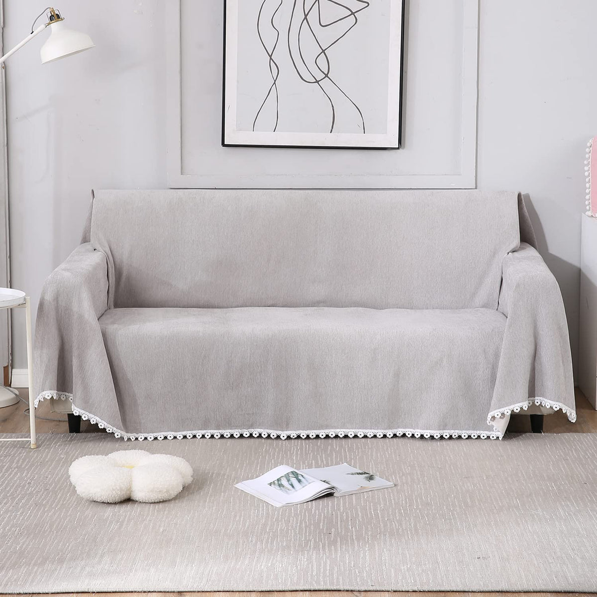 Grey colour chenille sofa throws in size 180(D)x180(L) for one seater, 180(D)x230(L) for two seater, 180(D)x300(L) for 3 seater
