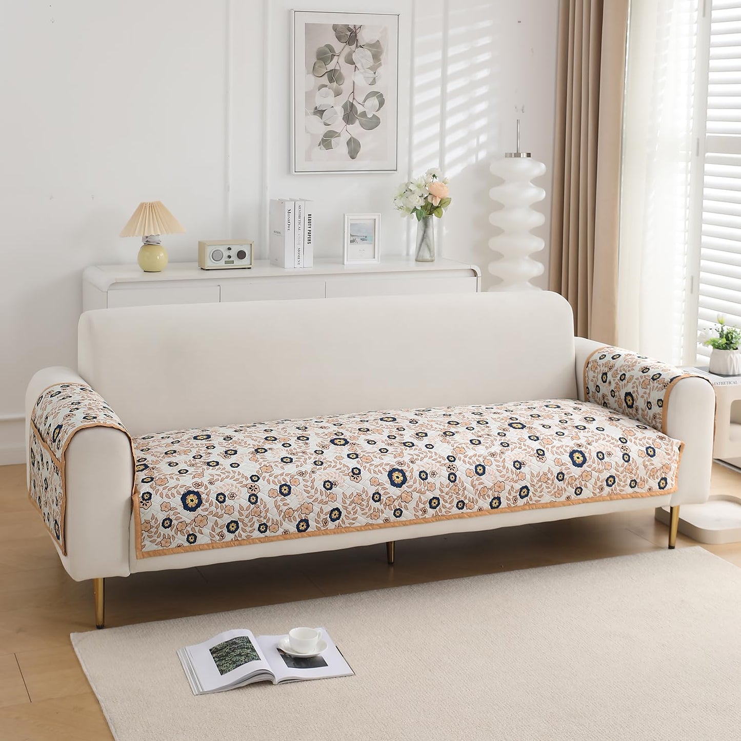 HOKIPO Quilted Sofa Seat Mat for 1/2/3 Seater with 2 Armrest Covers with Pockets, Light Peach Candytuft