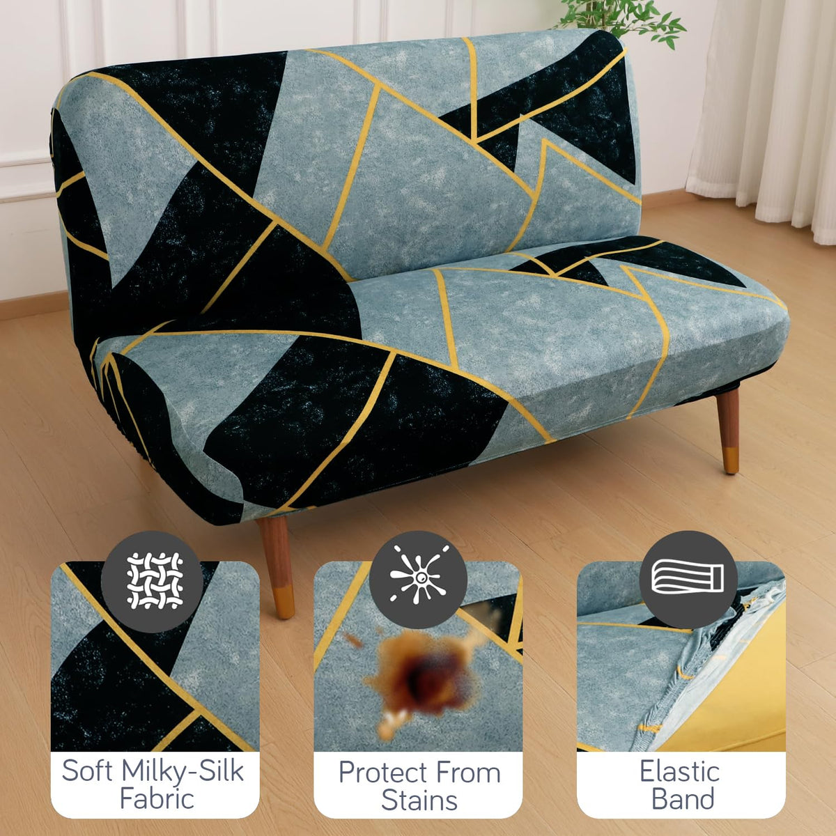 Buy Multicolor Abstract Geometry Printed sofa cum bed cover with soft milky-silk fabric, stain protection & secure elastic band fit | HOKIPO