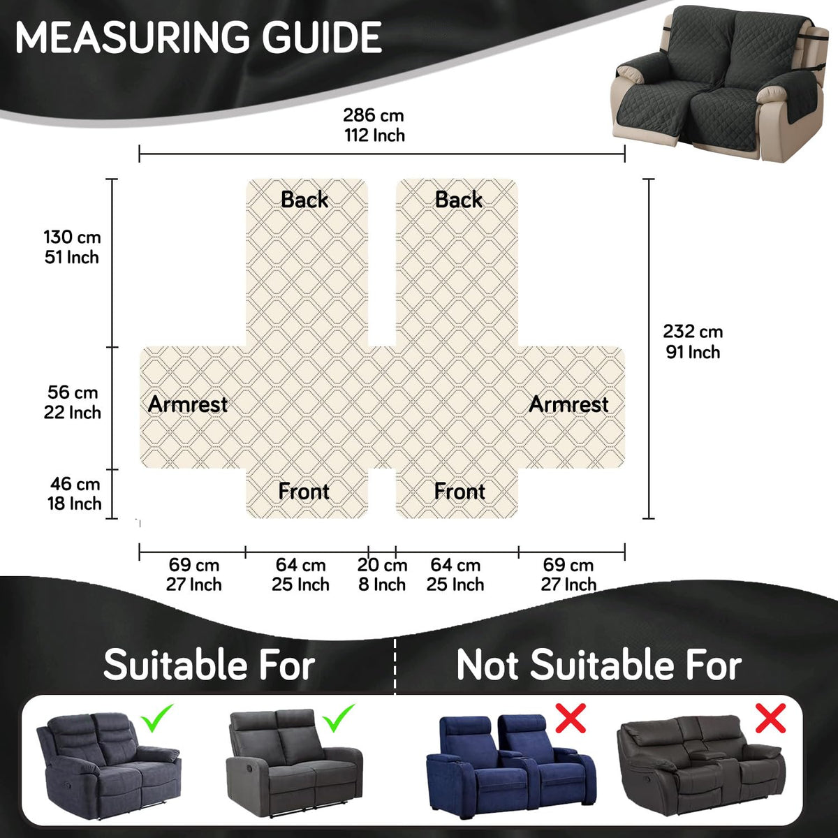 UrbanQuilt Recliner Sofa Slipcover Mat with Dual Belt for 1/2/3 Seater - Anchor Grey