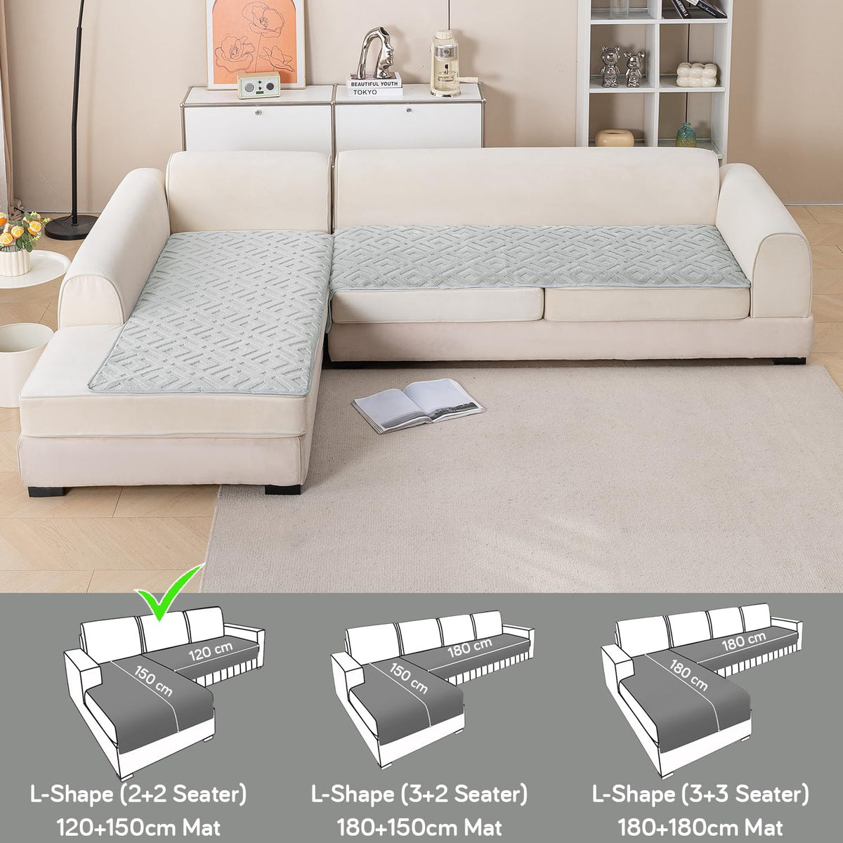 Velvet Maze Premium L Shape Sofa Cover Seat Mat, Light Grey