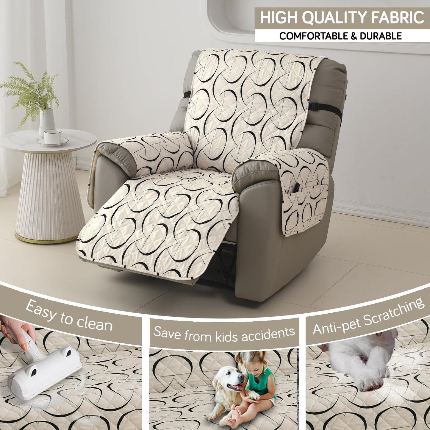 Quilted Recliner Water Repellent & Waterproof Cover for Small / Large - Natural Beige Abstract Art