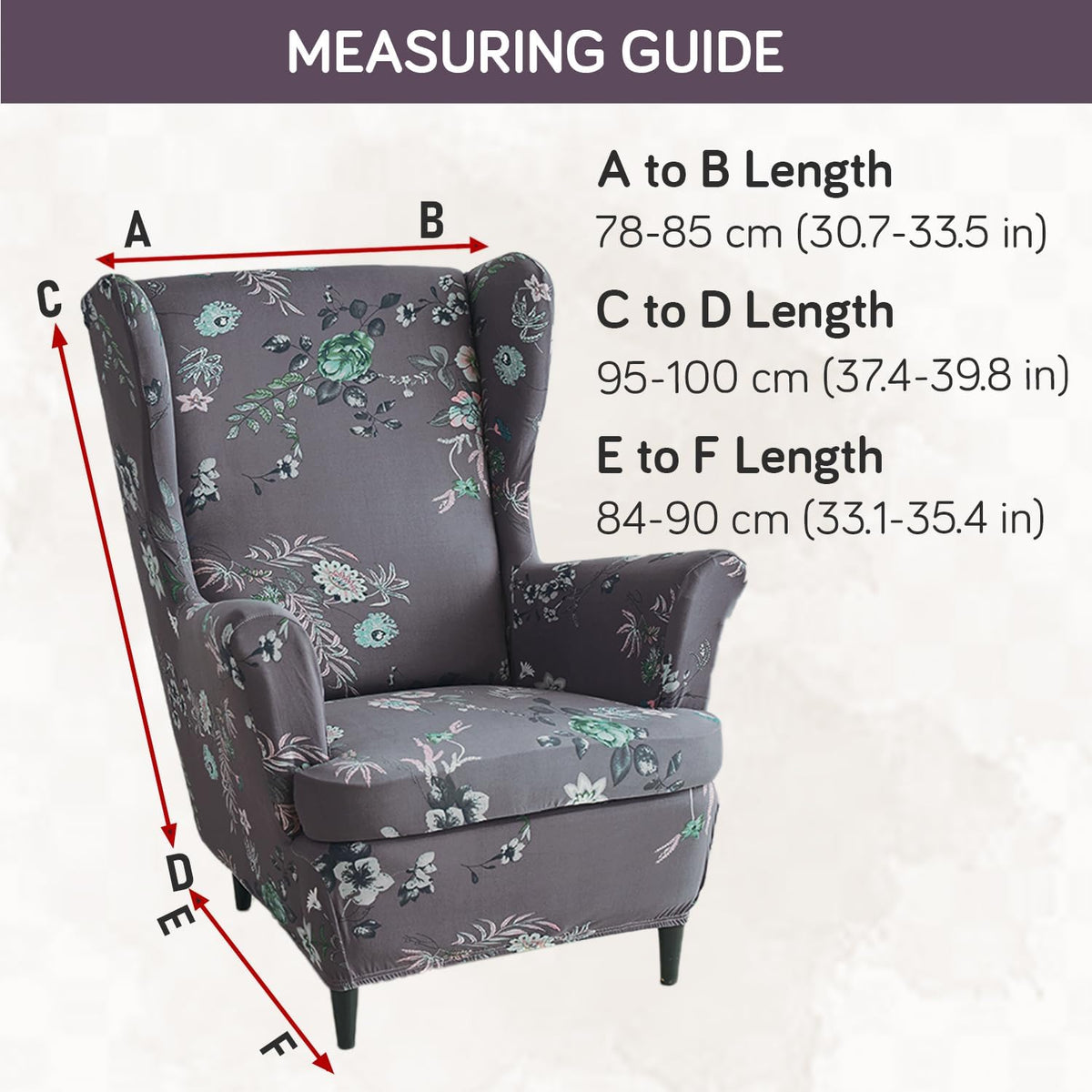 Bentonite Grey Budding Florals Stretchable Chair Cover for Wingback Chair size guide